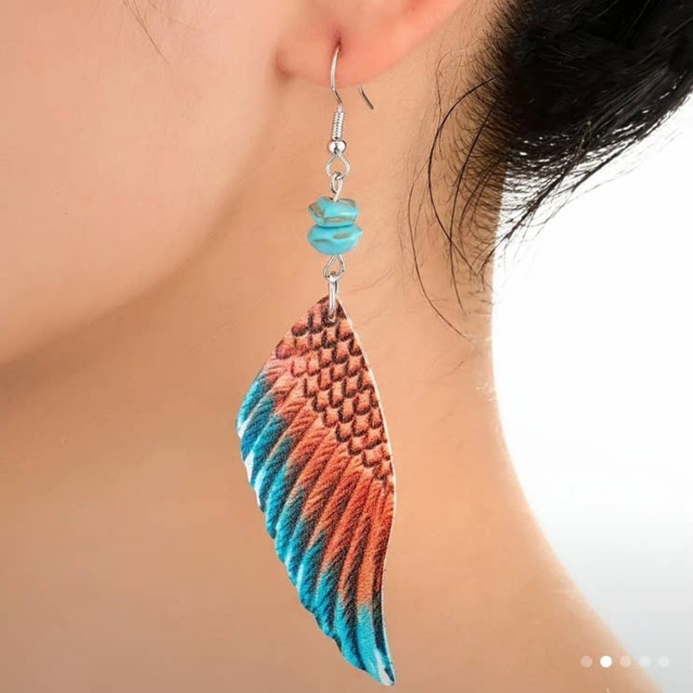 Leather Wing Drop Earrings‎ Two Tone Metal Pattern Dangle Earrings